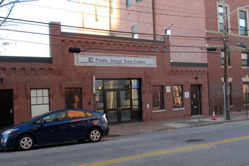 Preble Street Teen Center, the former Portland Terminal of the Portland-Lewiston Interurban, in November 2016. It was never actually used as the terminal; cars always ran to Monument Square over Portland Railroad tracks.