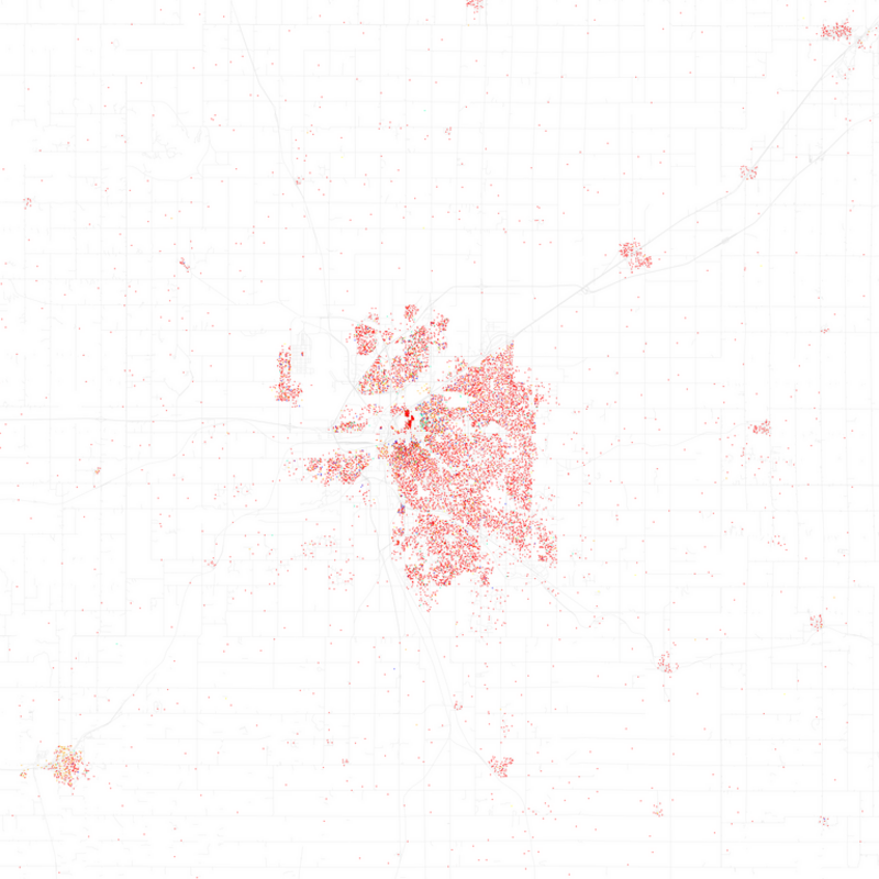 Maps of racial and ethnic divisions in US cities, inspired by Bill Rankin's map of Chicago, updated for Census 2010.
Red is White, Blue is Black, Green is Asian, Orange is Hispanic, Yellow is Other, and each dot is 25 residents.

Data from Census