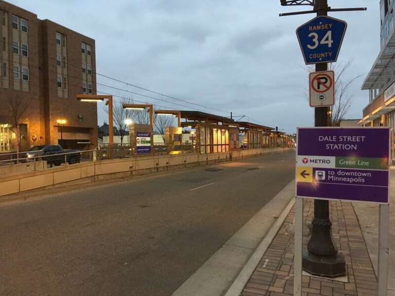 The Dale Street station of the METRO Green Line in Saint Paul, MN as viewed facing southwest.