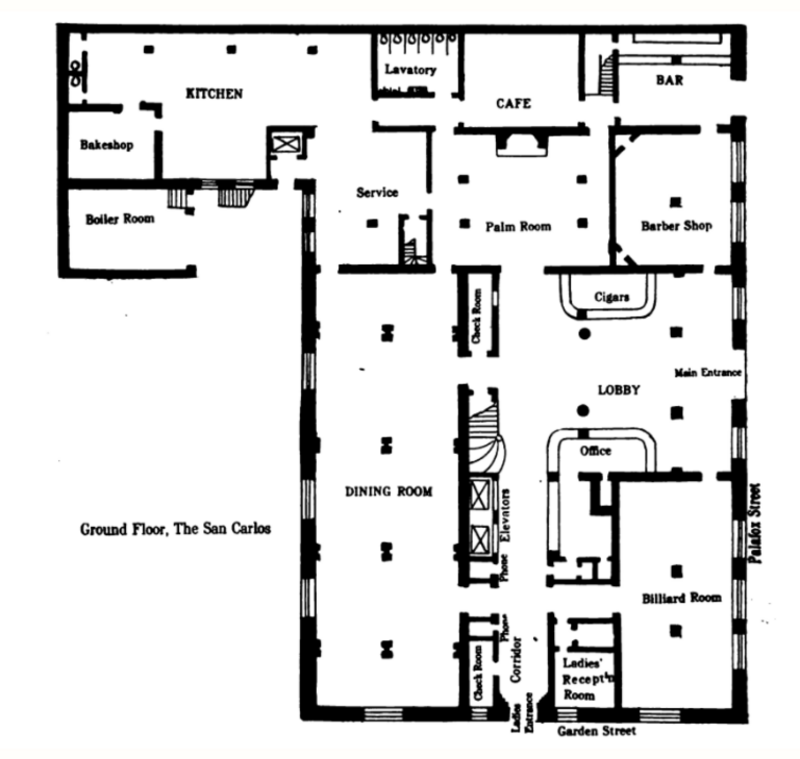 Ground floor plan of San Carlos Hotel, 1 North Palafox Street, Pensacola, Florida. Opened 1910; demolished 1993.