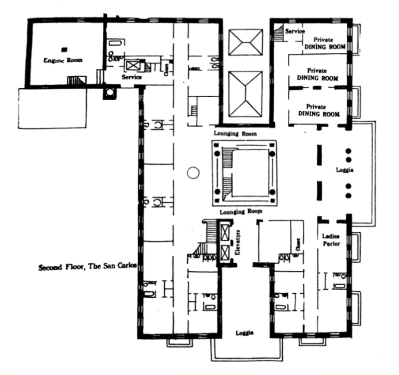 Second floor plan of San Carlos Hotel, 1 North Palafox Street, Pensacola, Florida. Opened 1910; demolished 1993.