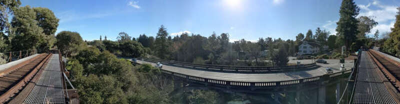 Panoramic view of the Santa Cruz and Monterey Bay Railroad, at Soquel Drive and Spreckles Drive in Aptos, California