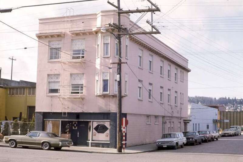 Bowling alley on Ballard Avenue NW, Seattle, Washington, U.S., circa 1975. Beyond that is an ice skating rink. The view is down NW Dock Street to Shilshole Ave NW. The building that housed the bowling alley still stands but has been stripped of all