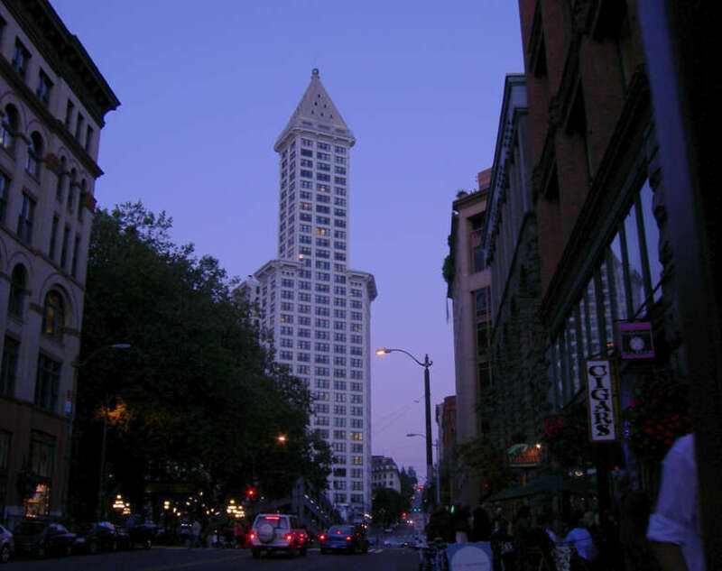 The Smith Tower, Pioneer Square, Seattle, Washington at dusk.