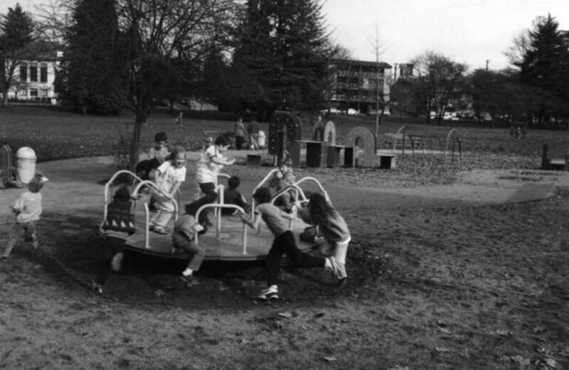 Children at Green Lake Playground in Green Lake Park, Seattle, Washington, U.S., circa 1985.