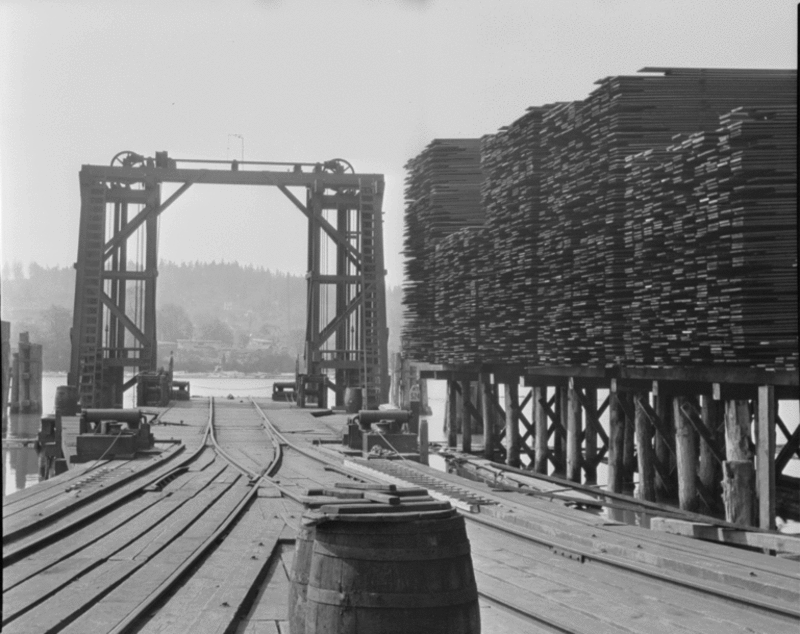 Seattle Cedar Lumber Company Mill in Ballard, 1915. Shortly afterward, this area was flooded when the water level was raised by the Ballard Locks (now Hiram M. Chittenden Locks).