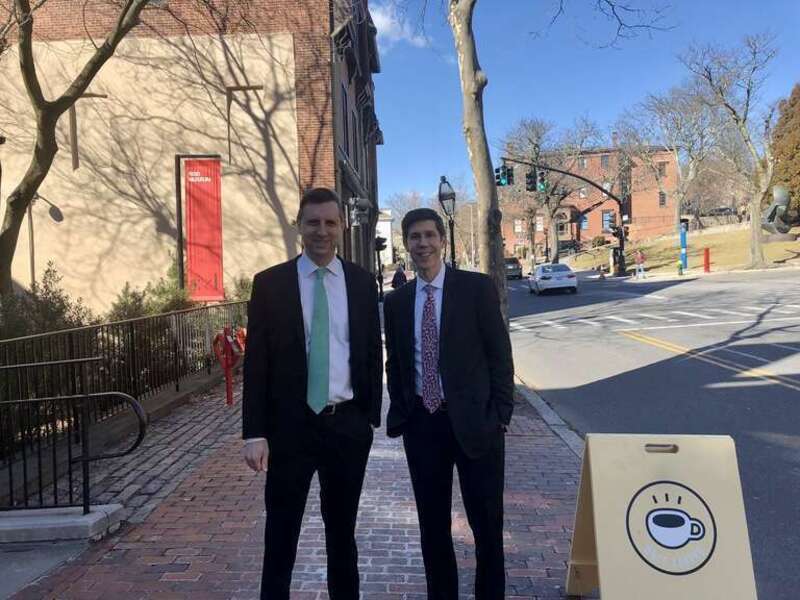 US Congressman Seth Magaziner and Providence Mayor Brett Smiley stand outside the RISD Museum on Benefit Street in Providence, Rhode Island