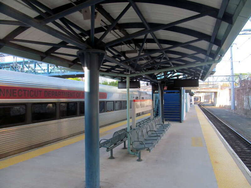 A westbound Shore Line East train at New Haven State Street station in May 2013