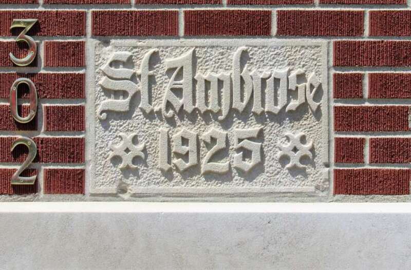 St. Ambrose Catholic Church cornerstone in Milan, Illinois.