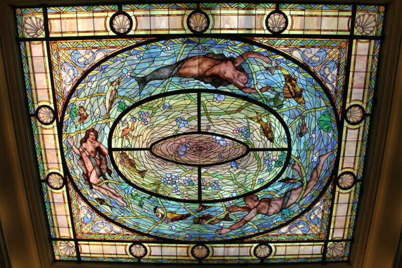 A stained glass skylight in Fordyce Bathhouse, one of the bathhouses of Bathhouse Row in Hot Springs National Park, Arkansas.