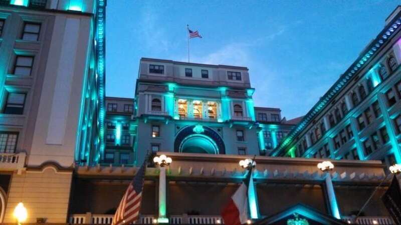 Different view of the Grant Hotel lit up at night on September 9, 2013.