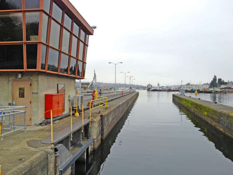 The Hiram M Chittenden Locks aka Ballard Locks and Salmon Ladder, near Seattle, Washington - looking east in the secondary lock