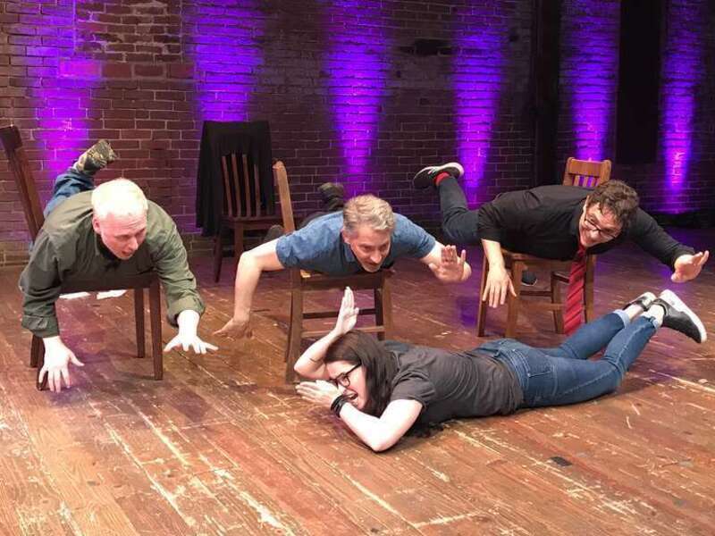 The Skeptic's Guide to the Universe cast at The Know Show performing in the Freeze Frame game at the Ice House in Bethlehem, PA.