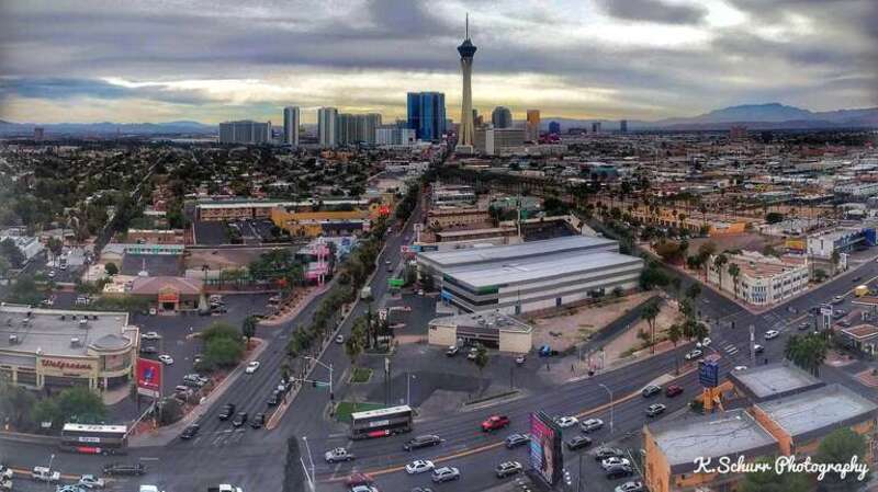 The Stratosphere Tower and the Strip from high above the arts district.