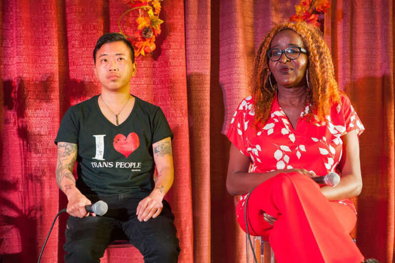 Trans rights activists Min Matson and Janetta Johnson speak on a panel on the Trans Day of Remembrance, San Francisco, November 2016.