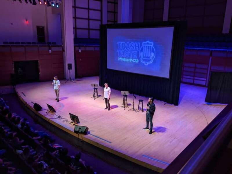 The hosts of Trash Taste greets the audience at the Meymandi Concert Hall, in Raleigh, North Carolina.