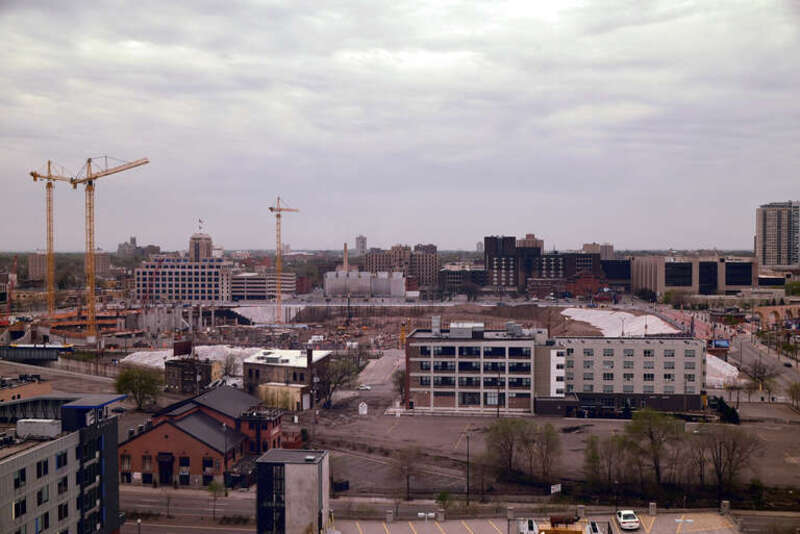 The construction site of U.S. Bank Stadium, Minneapolis, on May 11, 2014, as viewed from the Guthrie Theater.
