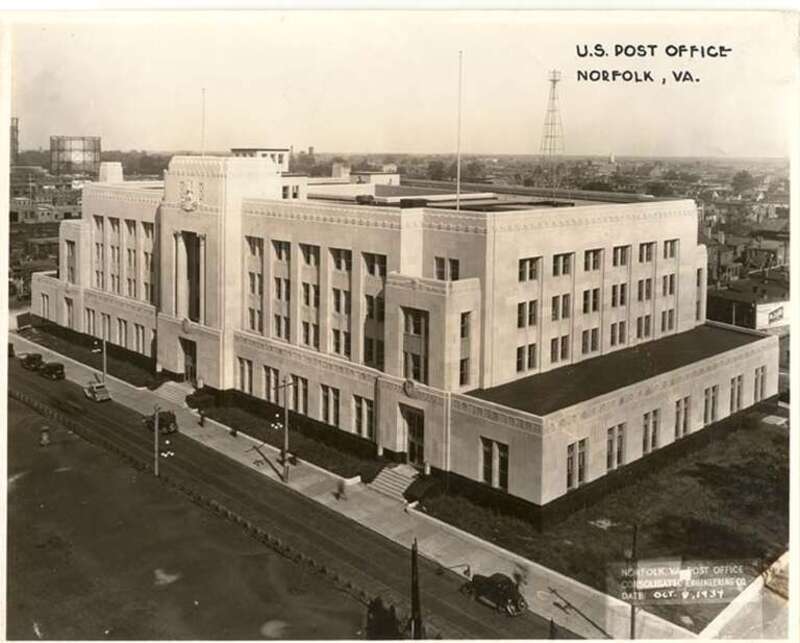 United States Post Office and Courthouse in 1934 — in the City of Norfolk, Virginia.
Completed in 1932, in the Moderne Art Deco style
Present day Walter E. Hoffman United States Courthouse.