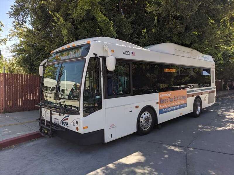 SCVTA bus 4123, a Gillig BRT HEV, servicing route 49 at Winchester Transit Center in Campbell, California.
