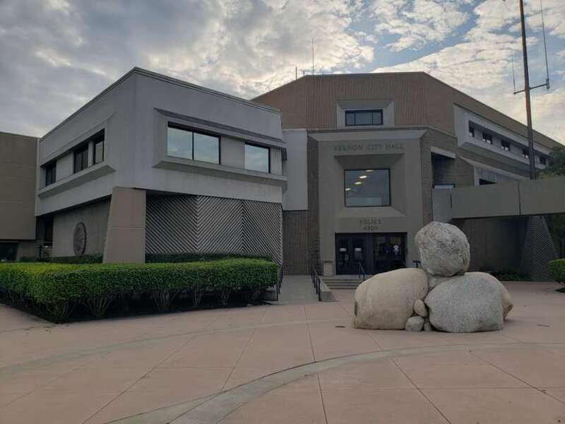 City Hall of Vernon, California. In the mid-ground is the Native Sons of the Golden West monument for the Battle of La Mesa.