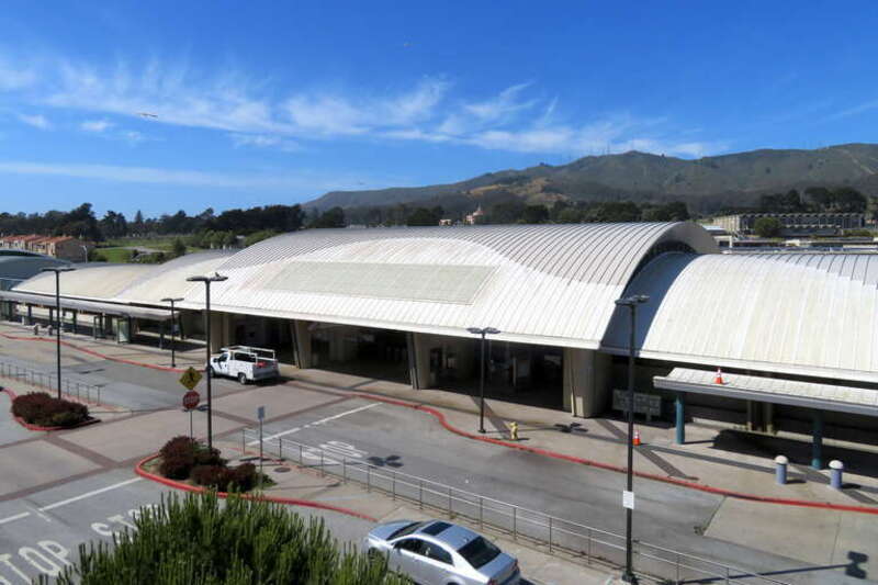 The west entrance to South San Francisco station in June 2018