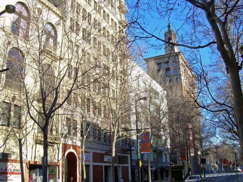 Downtown San Jose, California.  The Commercial Building (second from left) is San Jose Historic Landmark No. 140, and the Bank of Italy is San Jose Historic Landmark No. 27.