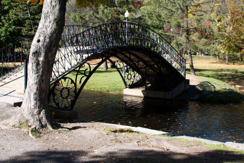 A view looking west at the &quot;Iron Bridge&quot; in Worcester Massachusetts' Elm Park.