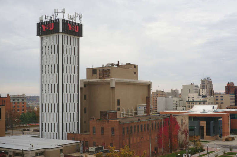The clock tower of Youngstown State University in Ohio as seen from the north.