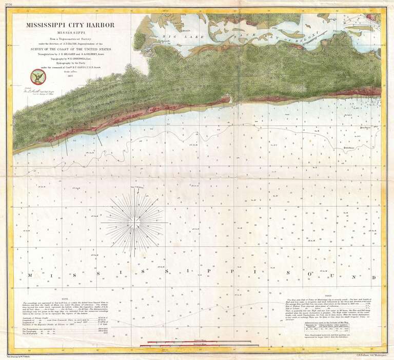 An attractive hand colored 1857 U.S. Coast Survey sea chart or map depicting Mississippi City Harbor, Mississippi.  Depicts the Mississippi Coast between Mississippi City and Biloxi, Mississippi.  Inland regions are depicted in considerable detail,
