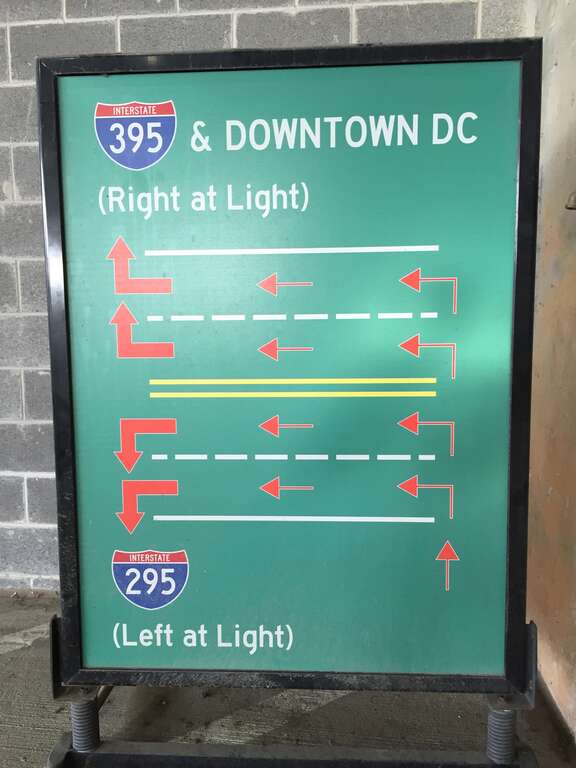 Sign describing how to get to Interstates 295 and 395 from Lot B at Nationals Park in Washington, D.C.