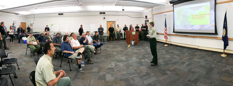 U.S. Department of Agriculture (USDA) Secretary Sonny Perdue and Interior Secretary Ryan Zinke, U.S. Senator Steve Daines and U.S. Congressman Greg Gianforte, are briefed by USDA Forest Service Regional Forester Leanne Martin, at the Coordination