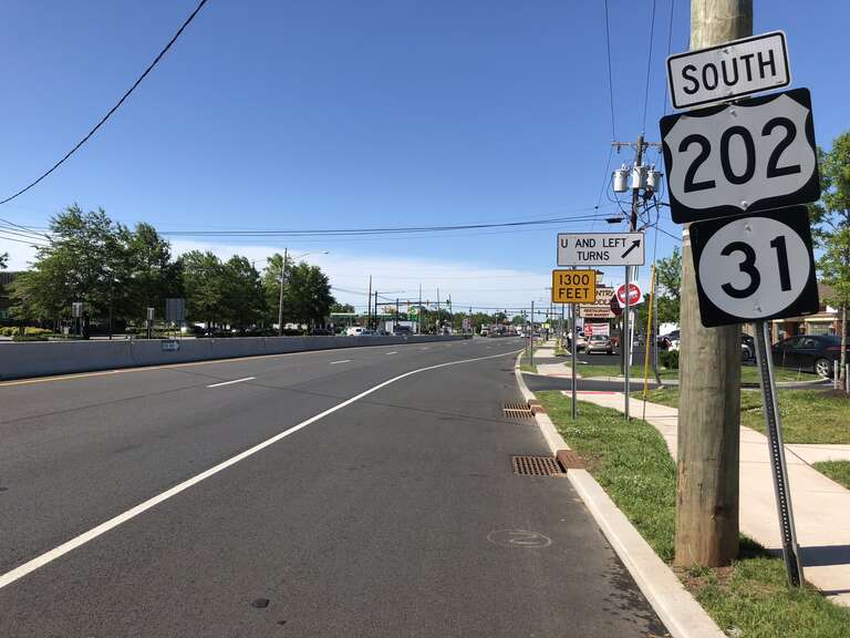 View south along U.S. Route 202 and New Jersey State Route 31 just south of the Flemington Circle in Flemington, Hunterdon County, New Jersey