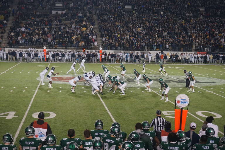 Georgia Southern on offense during the 2018 Camellia Bowl (Georgia Southern Eagles vs. Eastern Michigan Eagles) at the Cramton Bowl in Montgomery, Alabama (United States). Georgia Southern won 23–21.