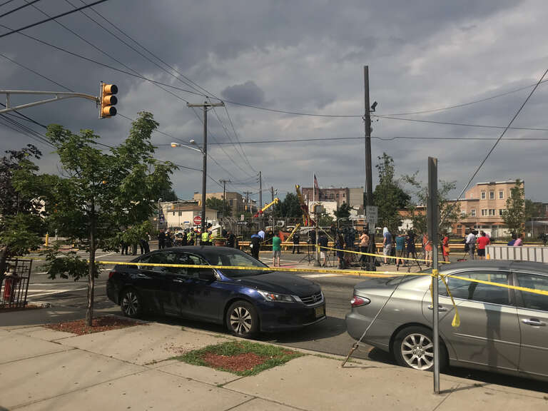 Scene of a July 3, 2019 vehicular accident at 30th Street and Palisade Avenue in Union City, New Jersey, where just before 1pm EST, a Union City Department of Public Works garbage truck careened across two sidewalks, knocking down a utility pole and