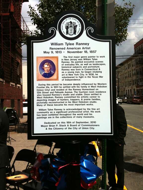 Historical marker in Union City, New Jersey, honoring painter William Ranney, who lived in Union City (when it was formerly West Hoboken), September 18, 2010. The marker, which is the fourth one Union City has dedicated for one of its notable