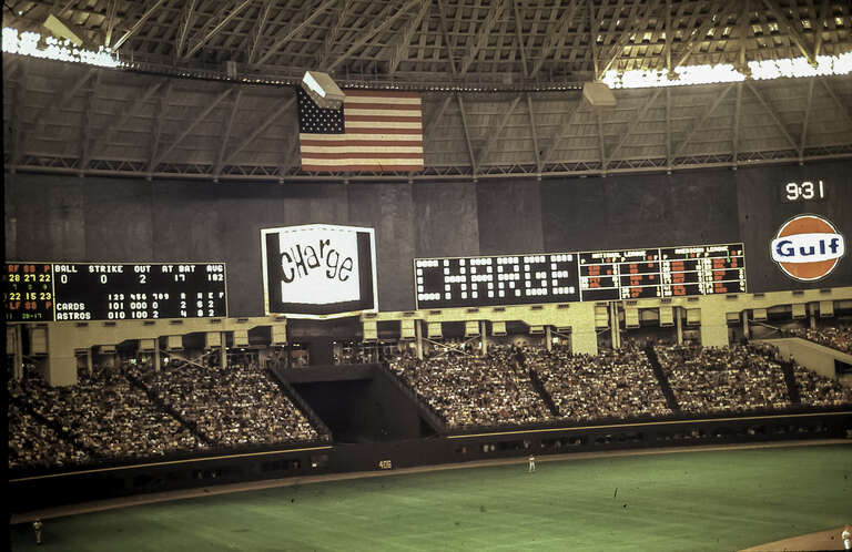 The Houston Astrodome Scoreboard pictured during a June 7, 1969 game between the Astros and Cardinals.