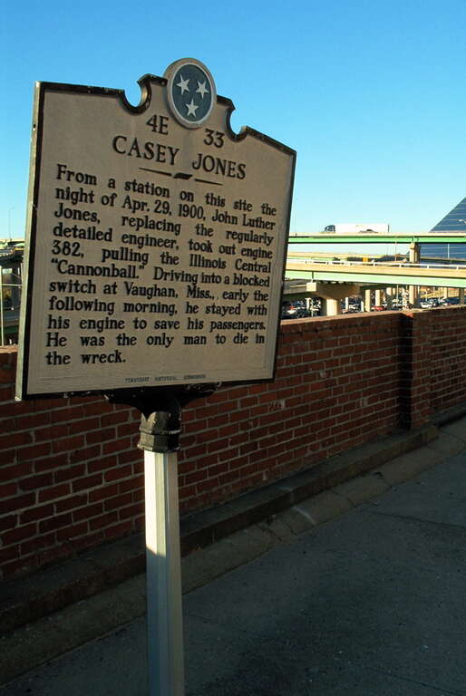 Historical marker commemorating the starting point of Casey Jones fatal journey in Memphis, Tennessee.