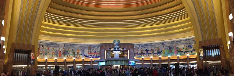 Panoramic image of Cincinnati Union Terminal murals in 2019