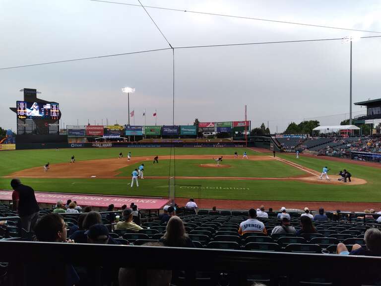 Baseball diamond behind visitors' bench at Constellation Field, home of the Sugar Land Space Cowboys.