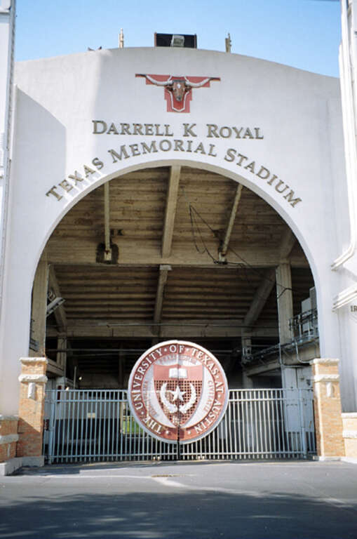 The front of Darrell K. Royal Texas Memorial Stadium in Austin, Texas, United States at the (University of Texas at Austin). This entrance was demolished in 2006 as part of the North End Zone Expansion.