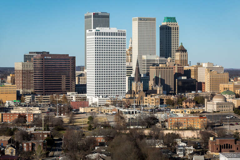 500px provided description: Downtown Tulsa Southern Skyline [#sky ,#city ,#winter ,#downtown ,#blue ,#urban ,#cityscape ,#building ,#skyline ,#clear ,#south ,#sky-scraper ,#Oklahoma ,#Tulsa]