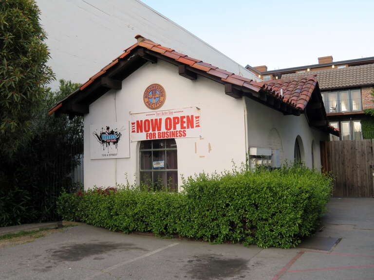 The former B Street station (moved one block to A Street as a private business) in San Rafael in April 2018