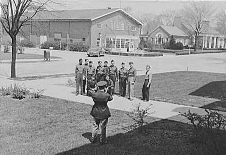 Fort Benjamin Harrison (1942) — located in Lawrence, north of Indianapolis, in Indiana.
This is an edited version of an image made in April 1942 by photographer Jack Delano of the United States Farm Security Administration of a group of United States