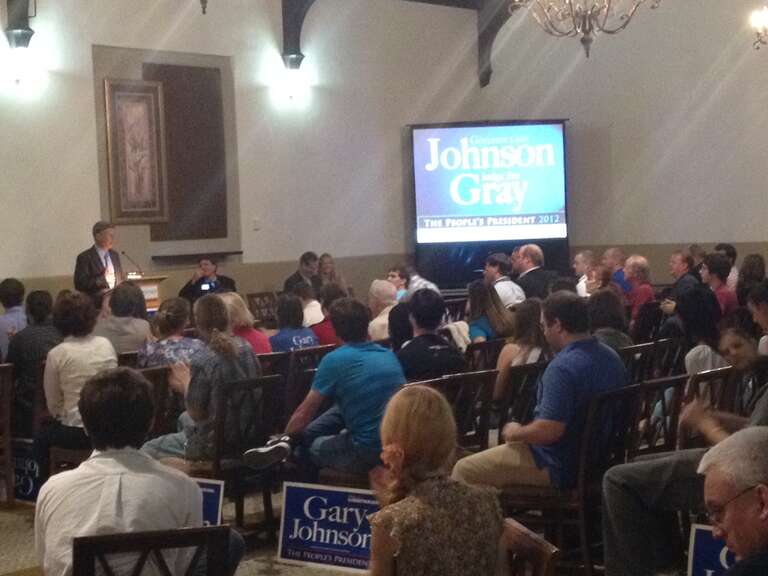 Gary Johnson speaking to a packed house at Winthrop University.