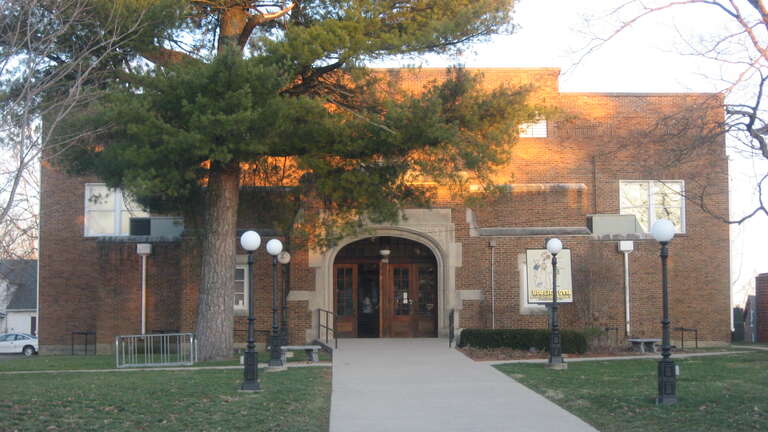 Front of the old gymnasium in Knightstown, Indiana, United States, located at 355 N. Washington Street.  Nicknamed the &quot;Hoosier Gym&quot; because it was used for the filming of the movie Hoosiers, it was built in 1922.  It is part of the Knightstown