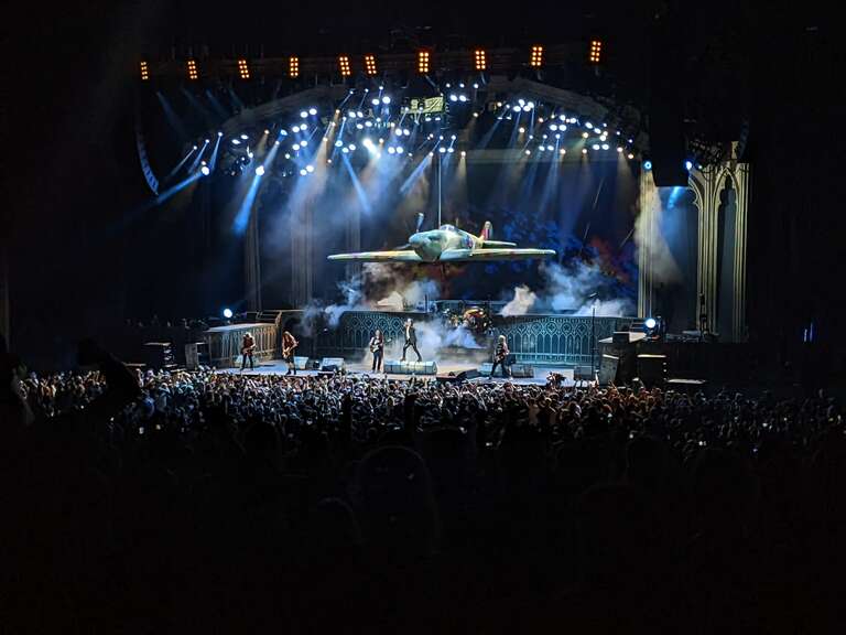 Iron Maiden performing &quot;Aces High&quot; as the encore of their concert at the North Island Credit Union Amphitheatre on 25 September 2022.