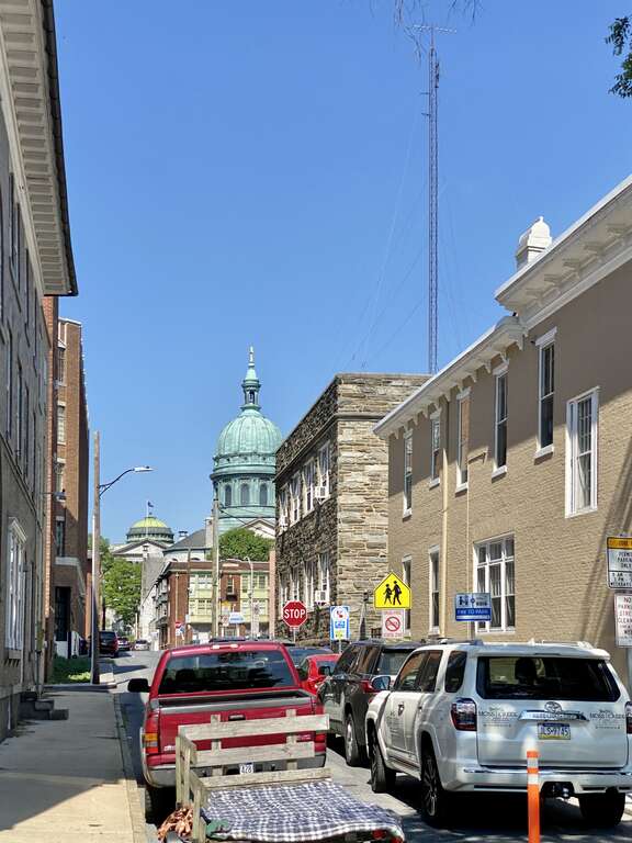 View of St. Patrick Catholic Cathedral (1904-07) and the Pennsylvania State Capitol (1902-06) in the background.  The buildings except for the State Capitol are contributing structures in the Harrisburg Historic District, listed on the National