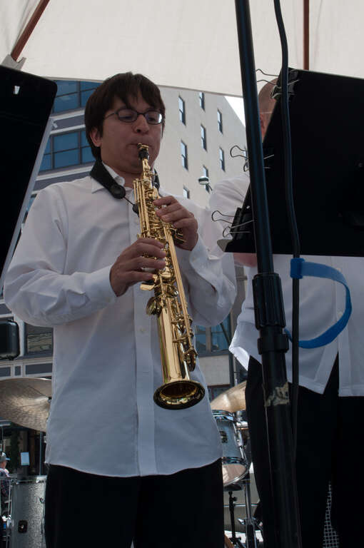 A jazz band as part of a street fair.