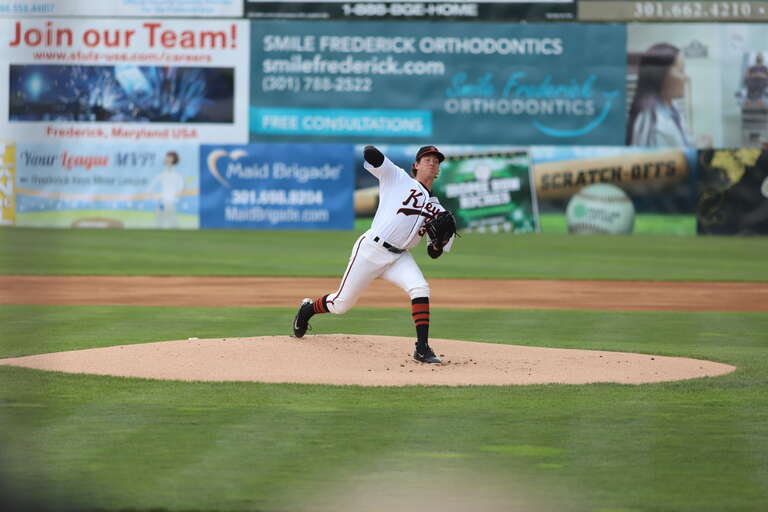 Mike Baumann pitching for the Frederick Keys during a 2018 game at Nymeo Field at Harry Grove Stadium