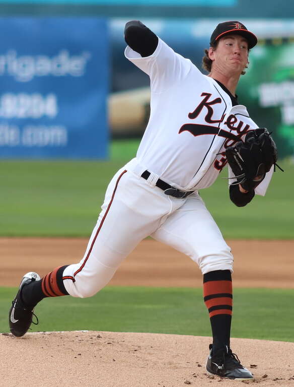 Mike Baumann pitching for the Frederick Keys during a 2018 game at Nymeo Field at Harry Grove Stadium